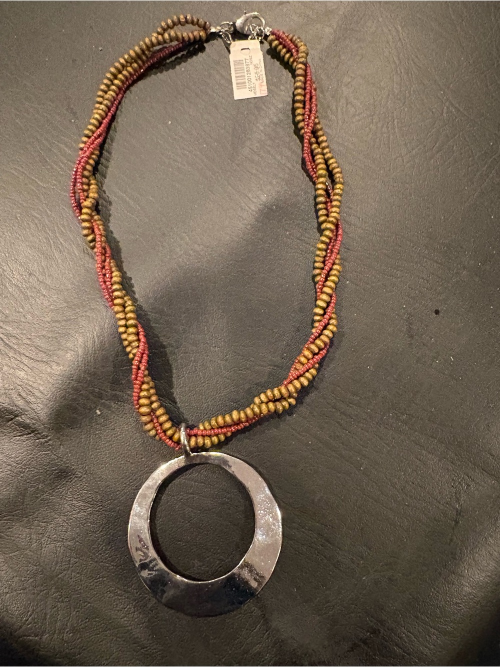 Beaded Twist Necklace with Silver Circle Pendant - Pink & Gold